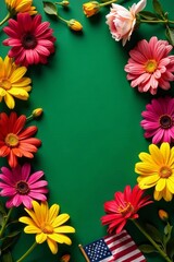 Vibrant flowers surround African American flags on a green background, African Liberation Flags, Juneteenth Celebration