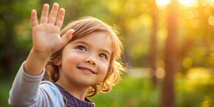A cute child waving hand in the sunlight 