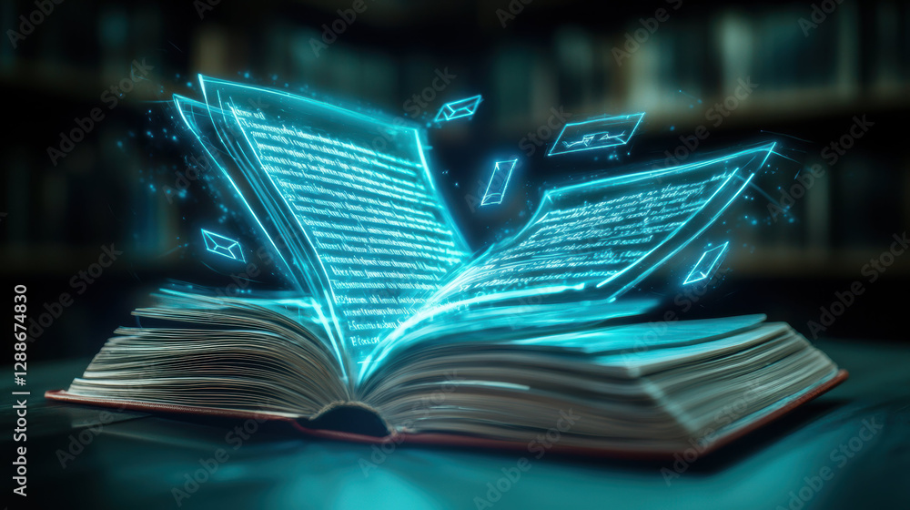 Aufkleber holographic book with floating text and digital elements, showcasing innovation and technology in re