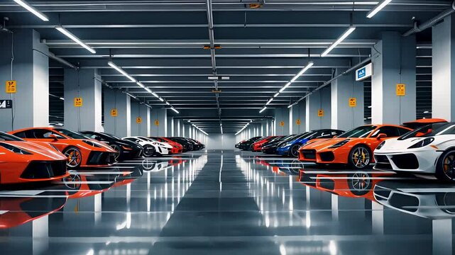 Underground parking garage with sports cars lined up under bright artificial lighting
