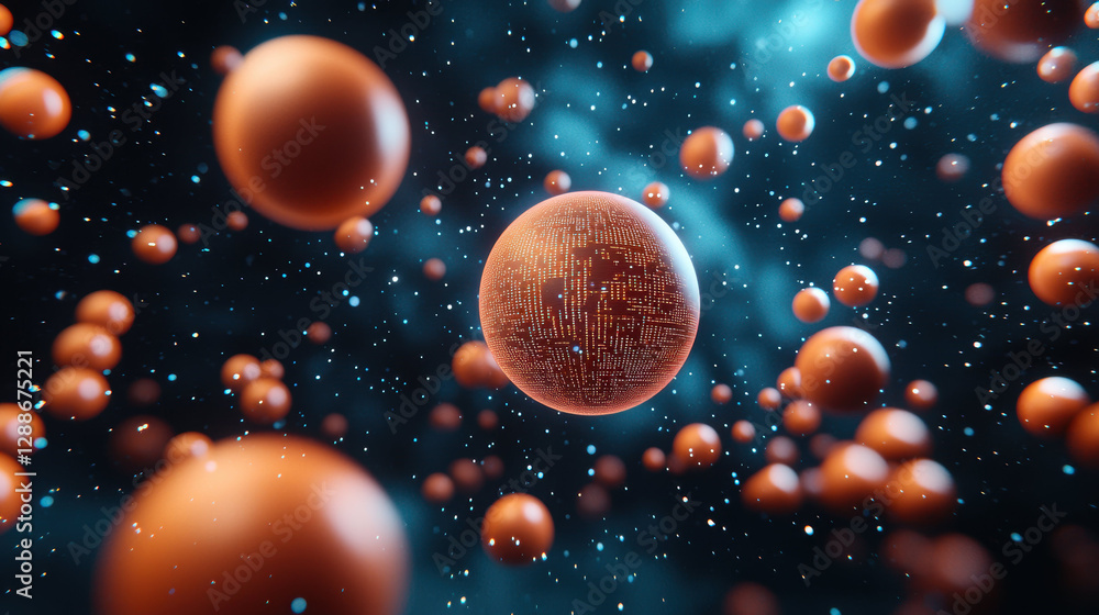 Poster pulsating orbs of data floating in cosmic environment, conveying energy and information