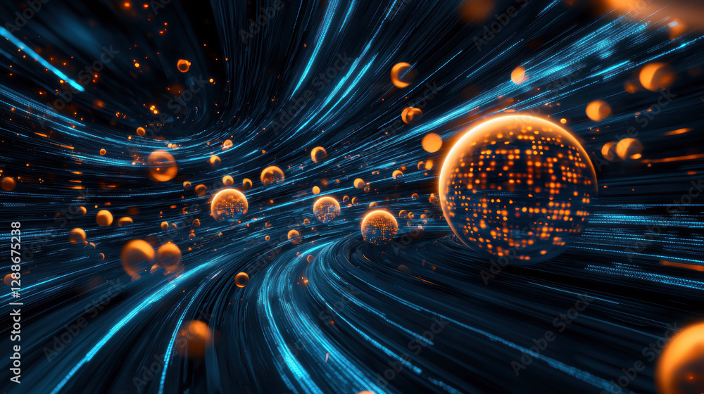 Poster pulsating orbs of data travel through vibrant, dynamic space, creating sense of energy and movement