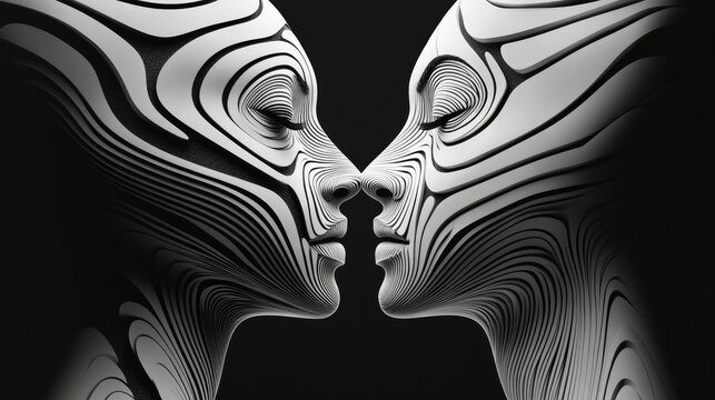 Symmetrical abstract design of two faces in black and white, highlighting the concept of balance and diversity