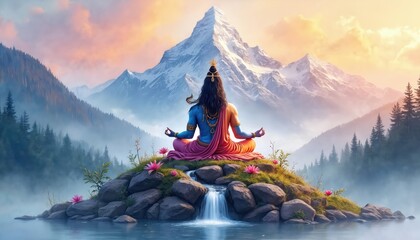 Hindu God Shiva meditating on Mount Kailash in Himalayas. Divine spiritual meditation pose illustration. Colorful artistic watercolor religious painting for Maha Shivratri holiday poster hinduism © miss irine