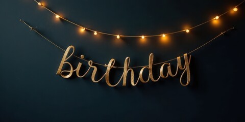 Golden Glitter Birthday Banner with Warm String Lights on Dark Background