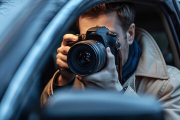 Private Detective Capturing Photos with SLR Camera from Car Side View