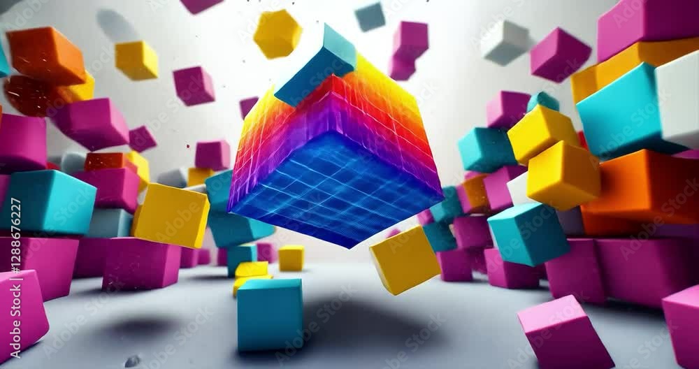 Poster abstract colorful 3d cubes floating in a space. possible use for backgrounds, posters