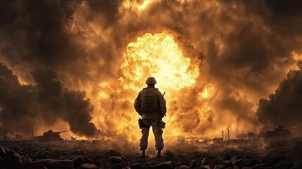 Fototapeta premium Soldier observes fiery battlefield destruction.