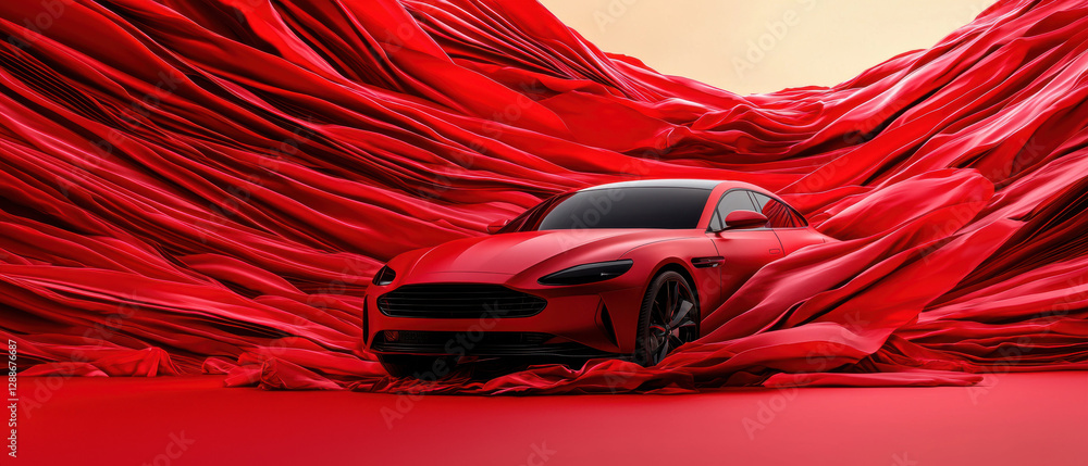 Poster sleek red car is artfully surrounded by flowing red fabric, creating dynamic and striking visual