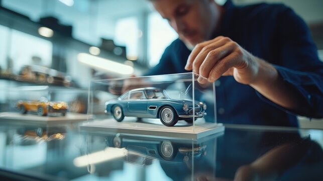 A person carefully handling a model car inside a display case.