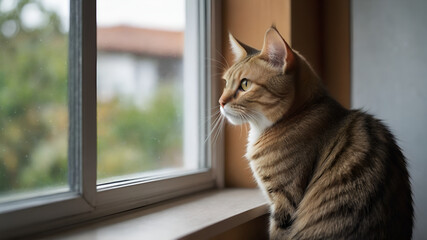 Adorable cat sitting near window and enjoying outdoor beauty 