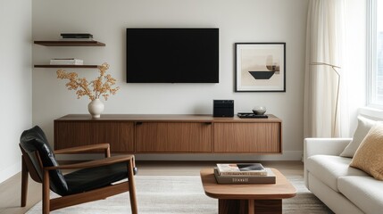 Modern apartment living room with TV, minimalist decor, natural light, and comfortable seating