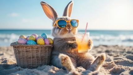 Charming Easter Bunny with Sunglasses, Lounging on the Beach with Egg Basket and Cocktail, Real Photo