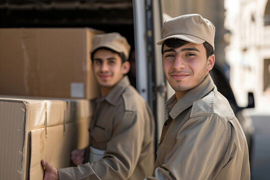 Two Youthful Delivery Men in Uniform Unloading Furniture from a Vehicle - Powered by Adobe