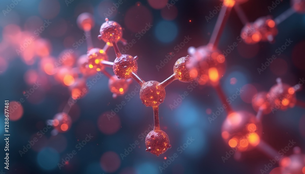 Poster 3D render of molecule with glowing red carbon chains. Visualizing interaction, chemical processes in lab. Composite structure shows complex procedure with special chemical effects, synthesis artwork