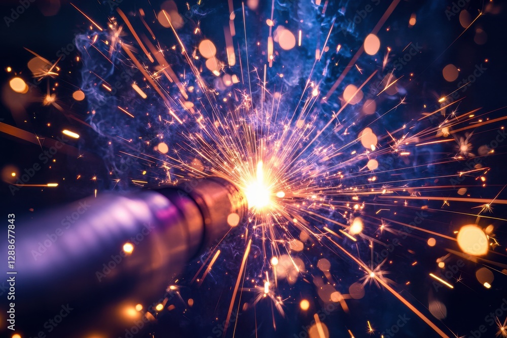 Poster captivating sparkles and fiery flare from a welding torch surrounded by glimmering light and dynamic