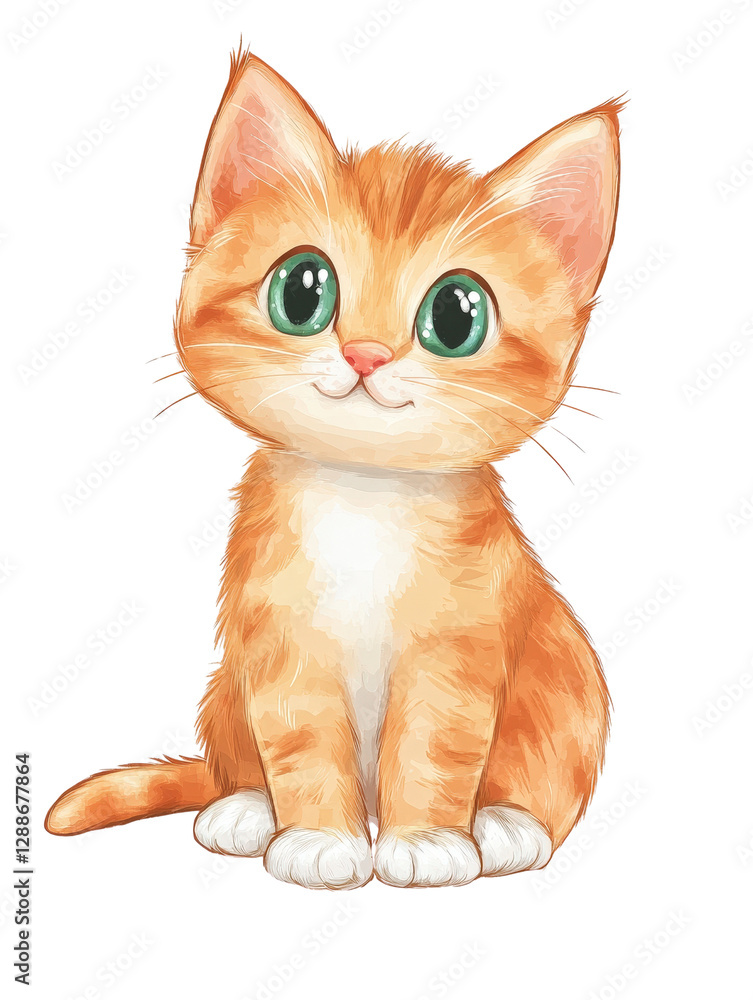 Poster cat with green eyes sitting down on a soft surface looking directly at the camera in a cozy indoor s