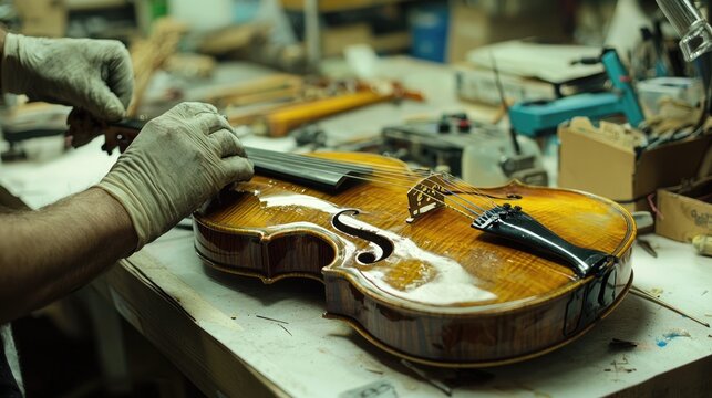 Violin being repaired by a craftsman in a workshop setting with various tools around.