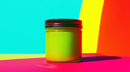Green jar mockup, vibrant backdrop, studio lighting, product packaging