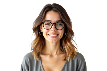 Smiling woman portrait with glasses, gold hoops, on white. Cheerful, professional, approachable. Ideal for profile pics, banners. Isolated on transparent background.