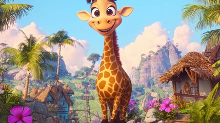 Obraz premium Playful giraffe character vibrant jungle animated film scene lush nature wide angle joyful adventure