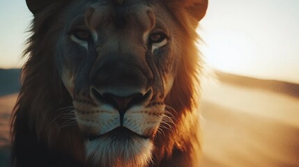 Fototapeta premium Majestic lion portrait, sunset dunes, African safari, wildlife documentary