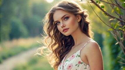 Fototapeta premium a young woman with long wavy hair poses gracefully outdoors, exuding natural beauty and serenity. She is adorned in a floral dress, suggesting a connection to nature and an effortless charm