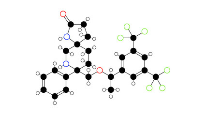 rolapitant molecule, structural chemical formula, ball-and-stick model, isolated image antiemetic agent