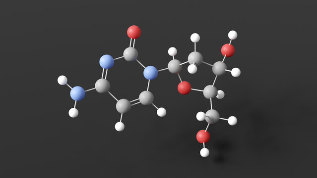 deoxycytidine molecule 3d, molecular structure, ball and stick model, structural chemical formula nucleoside