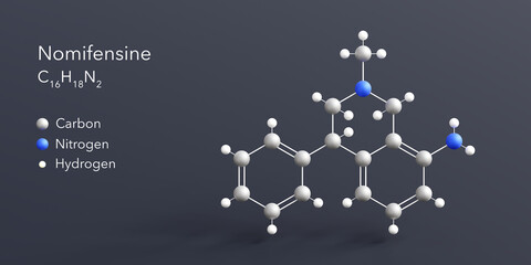 nomifensine molecule 3d rendering, flat molecular structure with chemical formula and atoms color coding