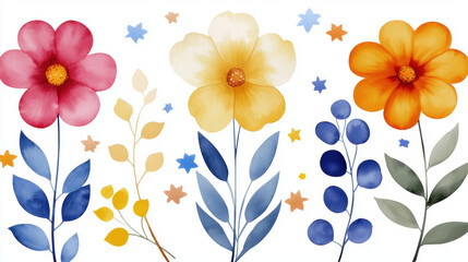 Fototapeta premium Colorful watercolor flowers with leaves and stars on a white background, creating a cheerful floral arrangement.
