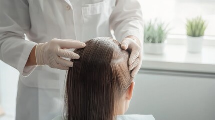 Fototapeta premium Hair restoration consultation with a dermatologist in a bright clinic. Featuring expertise and progress