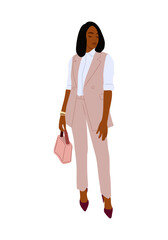 Black business woman vector illustration. Attractive african american girl in fashionable smart casual office outfit standing. Pretty lady boss cartoon character Isolated