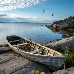 Obraz premium Old Rowboat on Rocky Shore: Calm Sea, Birds
