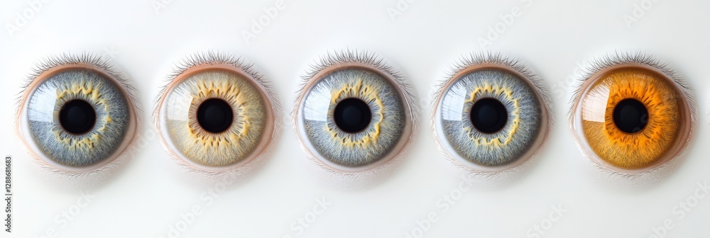 Poster five human eyes with different iris colors and textures are displayed on a white background, creatin