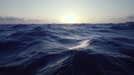 Ocean sunrise, waves crashing, coastal horizon, peaceful seascape, travel brochure