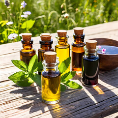 Aromatherapy essential oils, herbal tinctures in small glass bottles on wooden table outdoors in sunlight.  