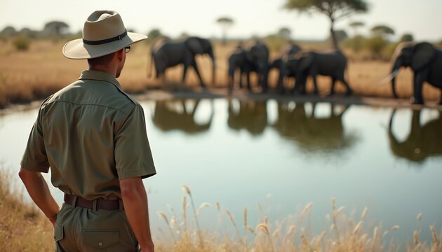 Ranger observes elephants drinking at waterhole in African savanna during midday. Animals herd drinks, calm water reflects wild nature. Tourist safari trip to protect wild fauna, flora, environment.