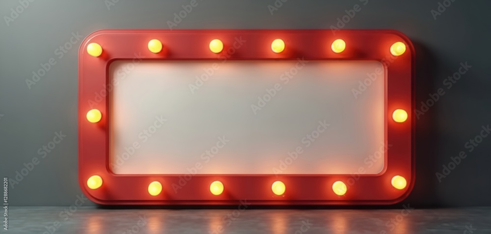 Aufkleber vintage illuminated signboard with red frame, yellow bulbs on grey background in 3d render. retro ci