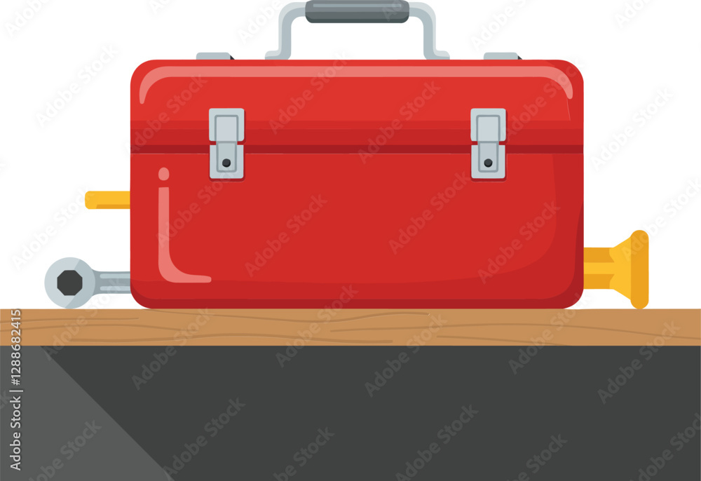 Poster red toolbox with tools on wooden shelf in flat vector art