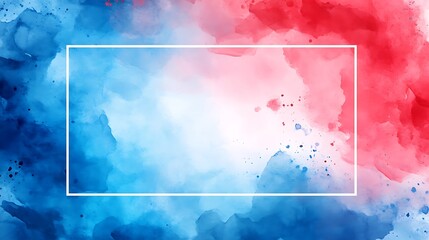 Red and blue watercolor background with a white square frame on the left side, white space in the center of the rectangle, 