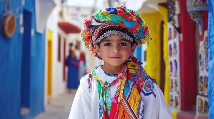 Smiling boy, colorful traditional clothing, vibrant alley, North Africa, tourism