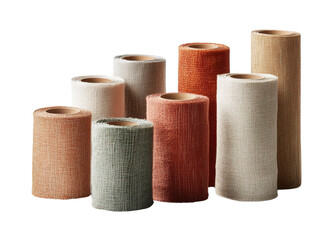 Rolls of colorful fabric, white isolate background