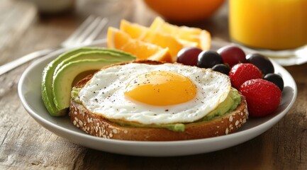 Delicious breakfast plate with avocado eggs and fresh fruits kitchen food photography bright and colorful overhead view