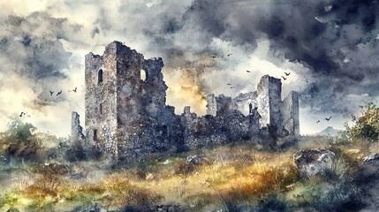 Fototapeta premium Dark moody watercolor themes. Dark moody watercolor themes. Mysterious ruins under dramatic stormy skies.