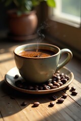 Aromatic Coffee Beans and a Steaming Cup of Fresh Brew on a Rustic Wooden Surface in Warm Sunlight