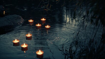 A quiet night with flickering candlelight on the water surface