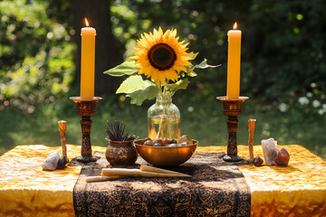A symmetrical Litha altar set on a wooden table against a light-colored wall. Two golden candles stand on either side of a central bowl filled with vibrant summer fruits like strawberries and peaches.