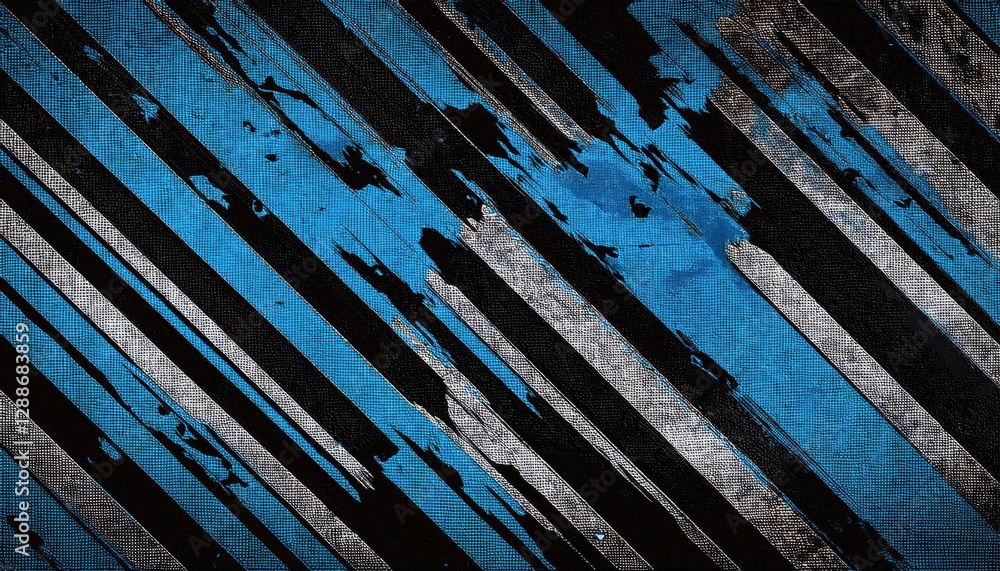 Poster abstract geometric pattern of black and blue diagonal stripes with paint texture on wood surface, mo