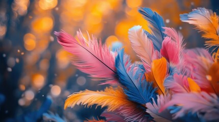 A dazzling array of vibrant feathers radiates energy with dynamic swirls. Bold hues of pink, orange, and more dance together in a captivating display